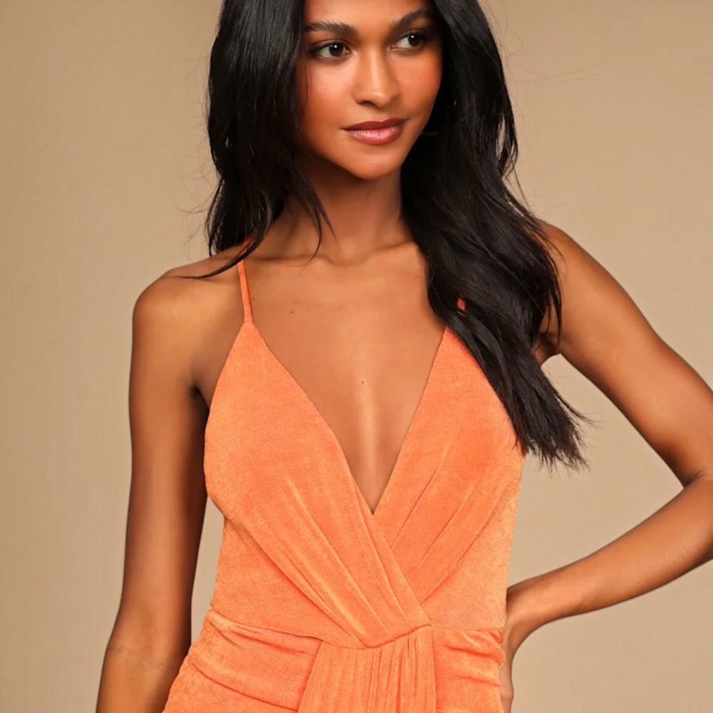 Lulus Dreamy Date Orange Surplice Midi Dress M Ruched Plunge Wedding Resort - Picture 11 of 15